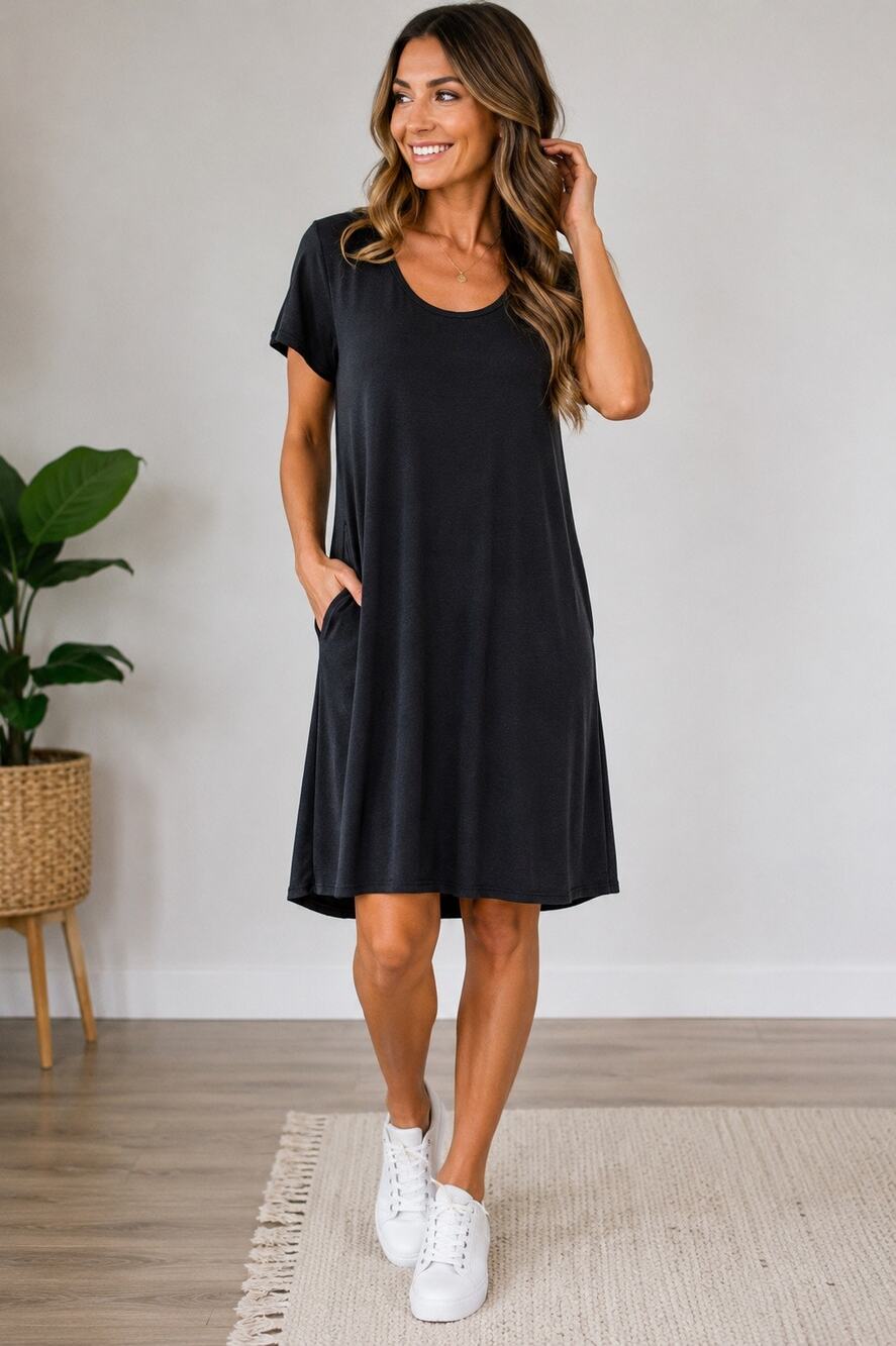 Uniti Stretch Black Knee Length T-Shirt Dress Women’s Large Soft Casual Minimal